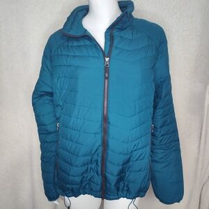 Columbia Thermal coil large teal blue full zip quilted jacket drawstring FLAW